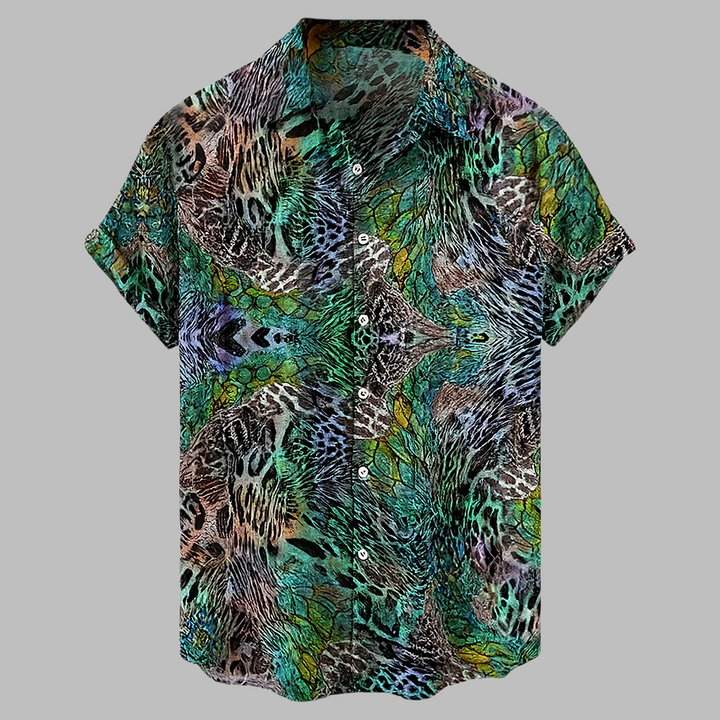 Trendy heren overhemd met gedrukte tribalprint, korte mouwen en ontspannen pasvorm; perfect voor festivals & streetwear.