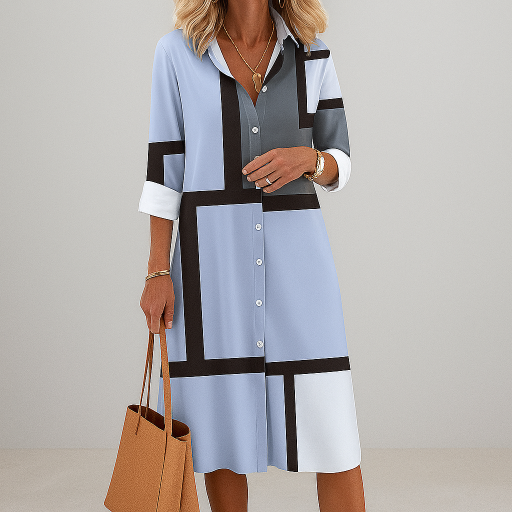 Elegante dames overhemdjurk met losse pasvorm en veelzijdig geometrisch print. Ideaal voor casual lente- en zomerdagen.