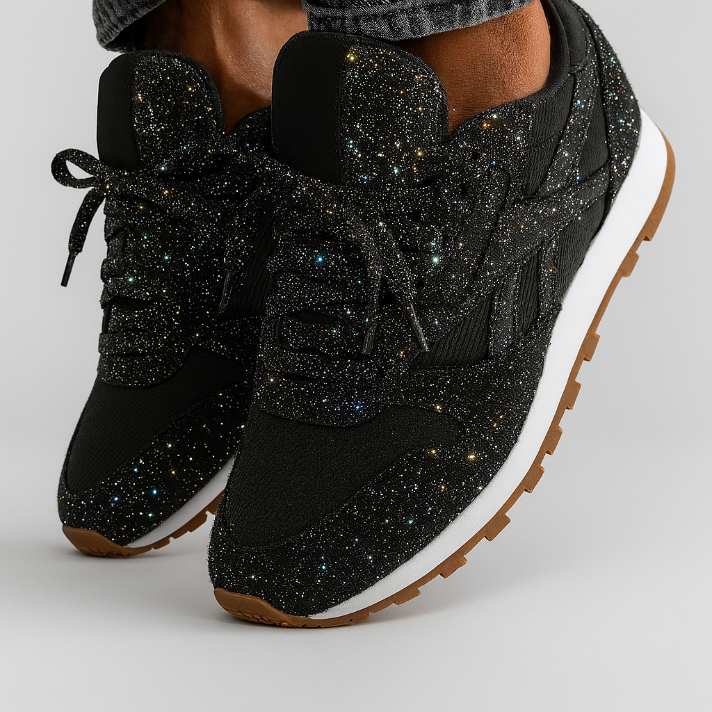 Close-up van de sprankelende zilveren glitter op de trendy dames chunky sneakers. Eye-catching damesschoenen.