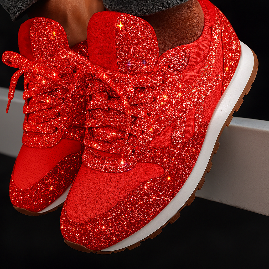 Dames chunky sneakers met zilveren glitter, platformzool en veters. Trendy en comfortabele damesschoenen.