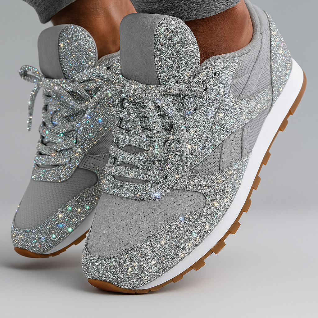 Nieuwe New3 dames chunky sneakers met opvallende glitter en dikke platformzool. Moderne vetersneakers.