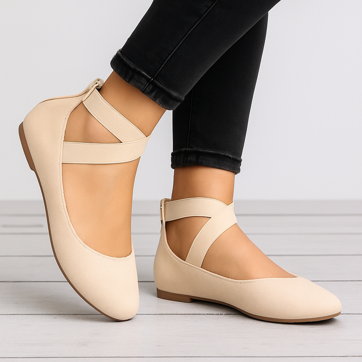 Platte dames suède ballerina's met elastische bandjes, ronde neus; comfortabel en chic voor elk seizoen.
