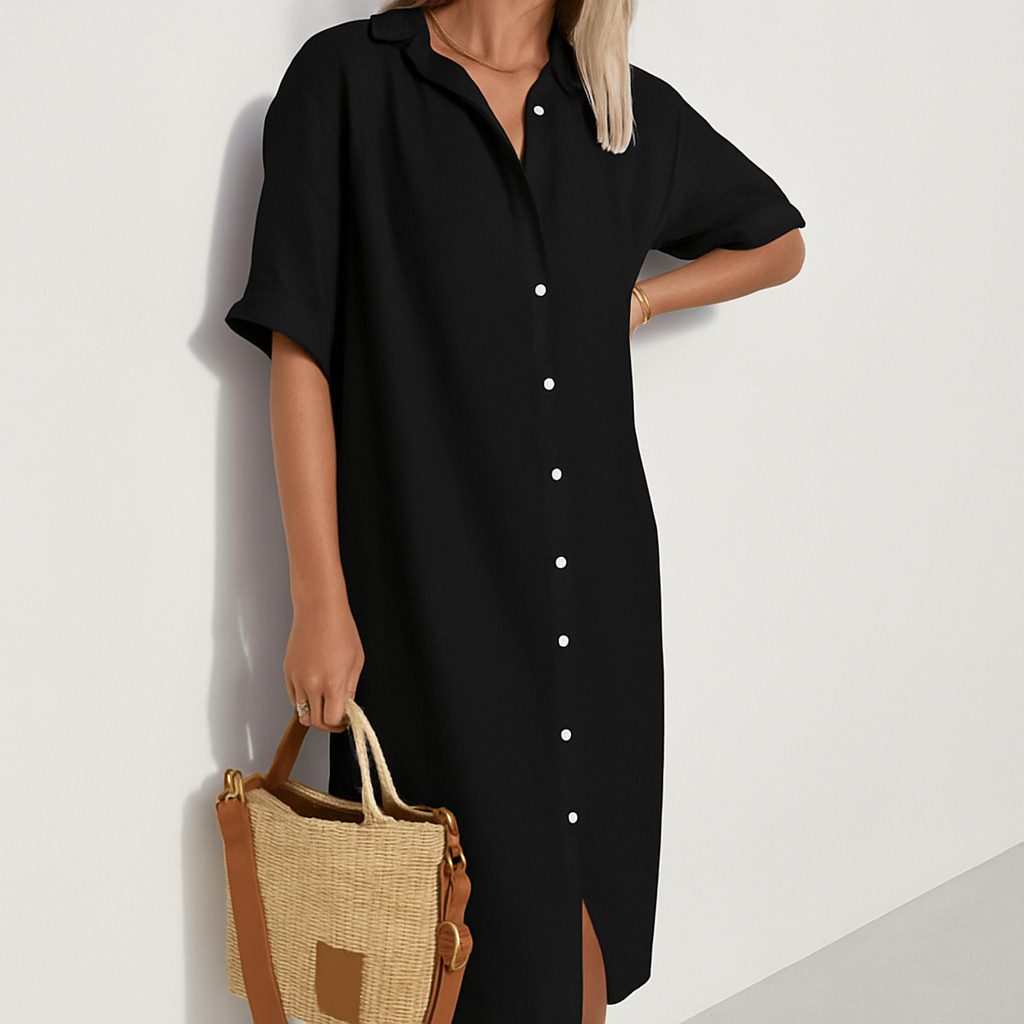 Veelzijdige damesjurk: elegante midi overhemdjurk met knoopsluiting. Comfortabele en frisse Hofmalen zomercollectie.