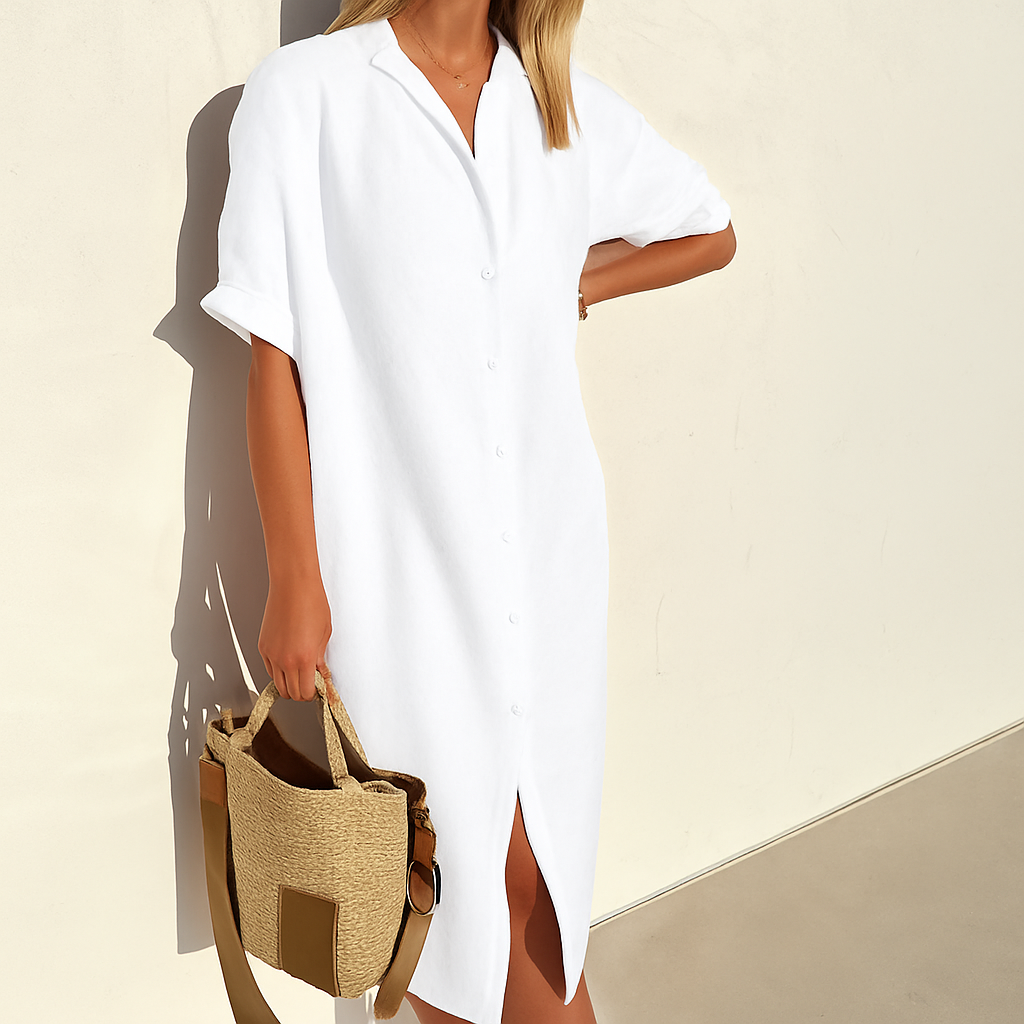 Luchtige dames overhemdjurk met knoopsluiting van Hofmalen. Perfect voor een comfortabele, casual zomerlook.