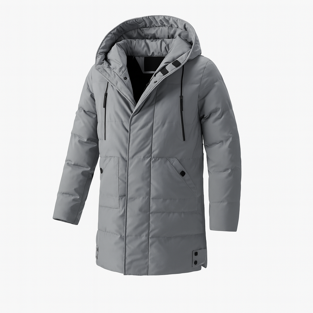 Warme geïsoleerde heren winterjas met capuchon. Functionele buitenkleding voor comfort en stijl in koude seizoenen.
