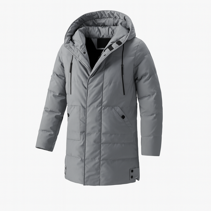 Warme geïsoleerde heren winterjas met capuchon. Functionele buitenkleding voor comfort en stijl in koude seizoenen.