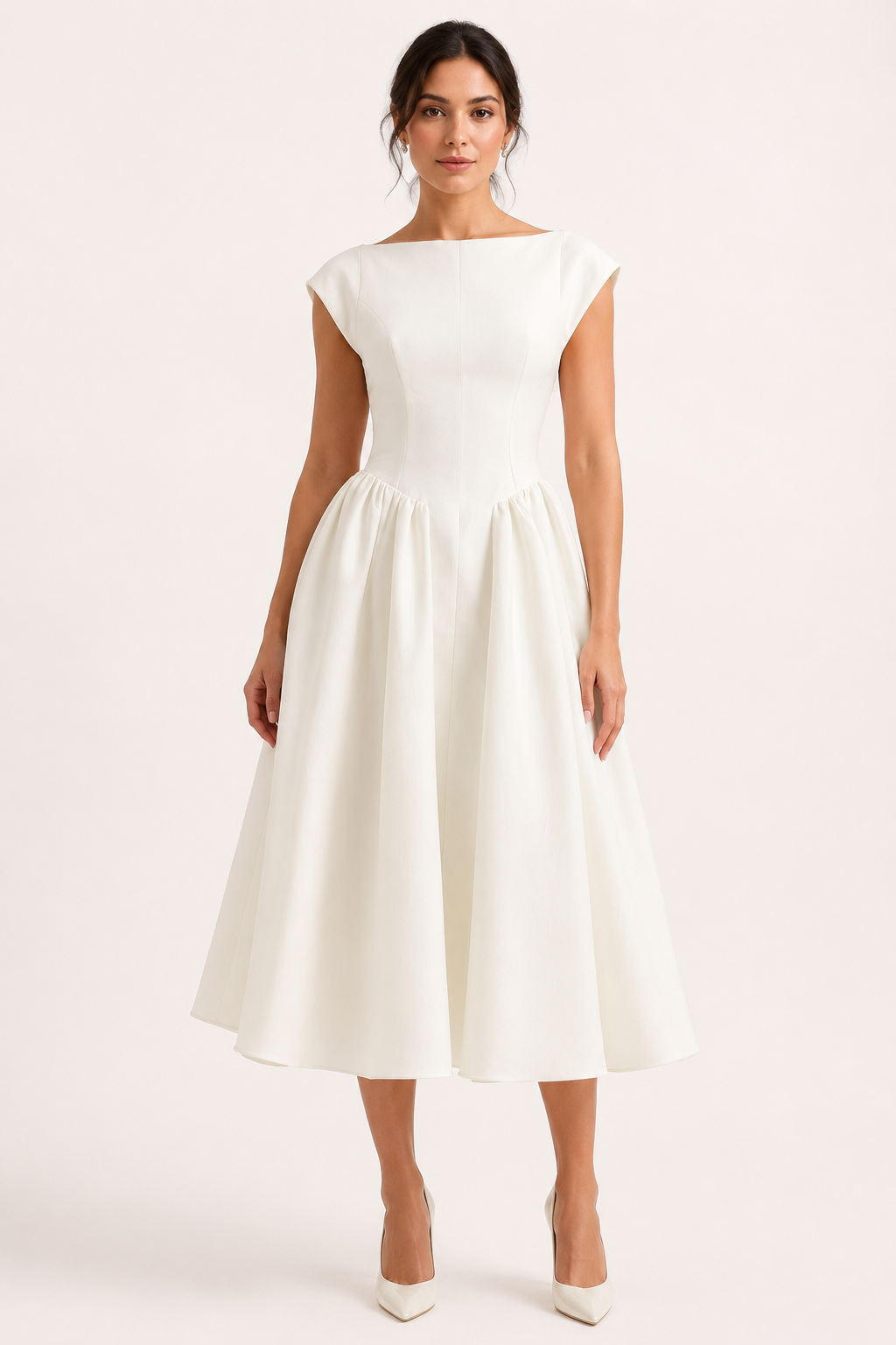 Dames elegante feestjurk, midi lengte, met zwierige wijde rok, perfect voor een galadiner of evenement.