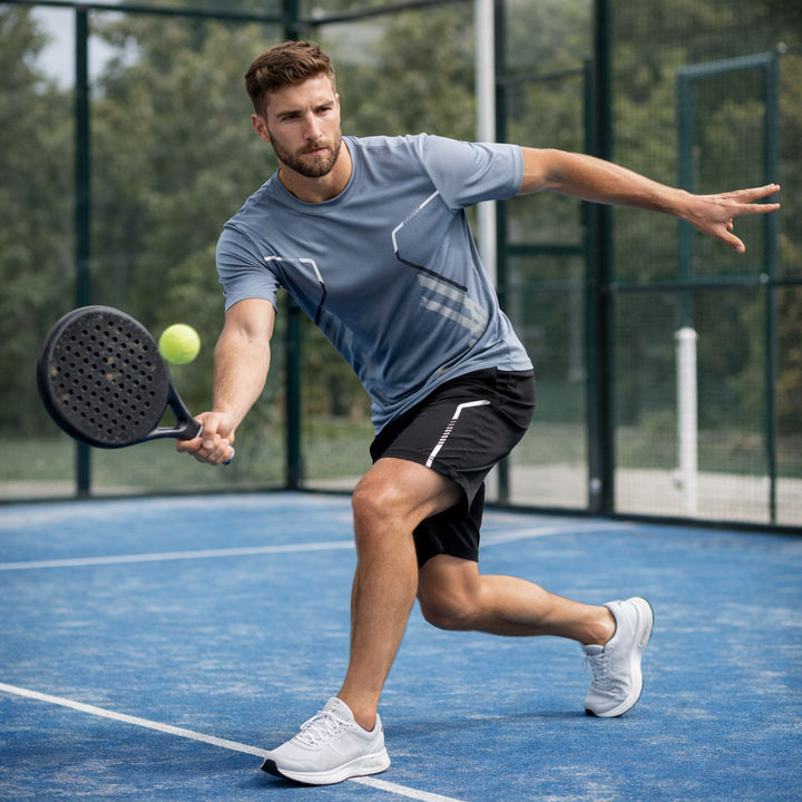 Stijlvolle heren padel outfit set; een lichtgewicht sportshirt en ademende sportshort voor op de baan.