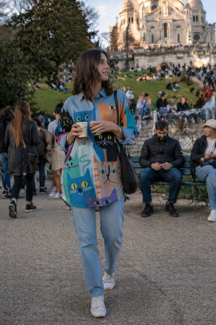Vrouwelijk kledingstuk: zomerse casual blouse met lange mouwen en trendy print design.