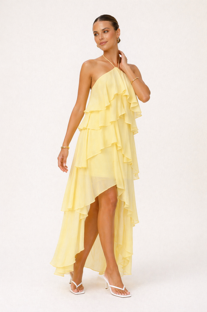 Modieuze dames halterjurk, lange zomerjurk. Elegante feestjurk perfect voor gala's en speciale gelegenheden.