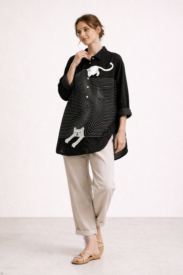 Stijlvolle overhemdblouse met zomerse print, lange mouwen voor een relaxte look.