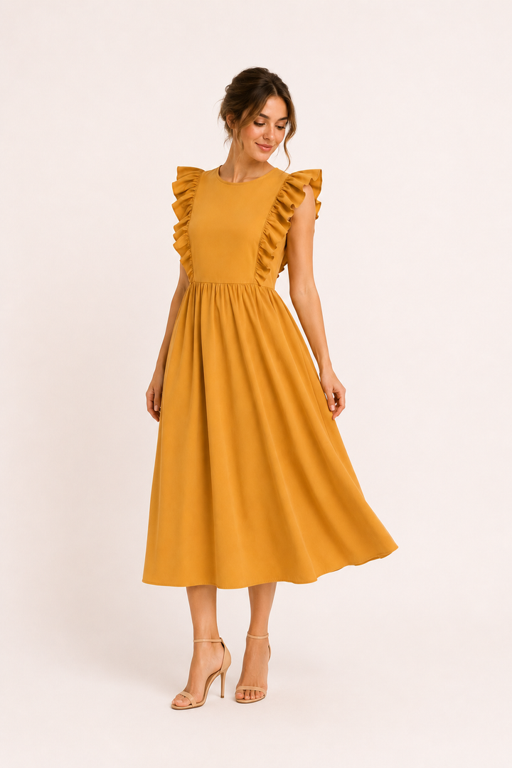 Stijlvolle lange jurk met ruches en wijde rok, een must-have in de damesmode collectie.