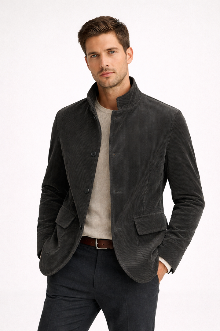 Grijze heren blazer met stijlvolle Mao kraag en praktische klepzakken, perfect voor een smart casual look.
