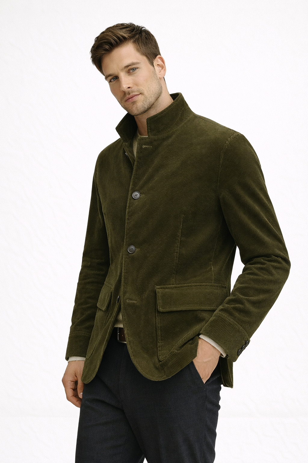 Formele maar toch casual heren blazer met trendy Mao kraag en discrete klepzakken voor zakelijke kleding.