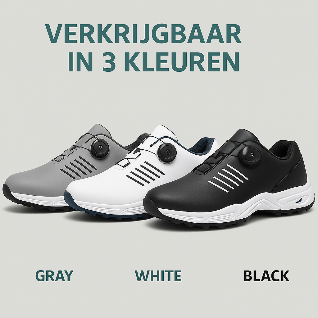 Zwarte heren golfschoenen met innovatieve draaisluiting en stevige gripzool.