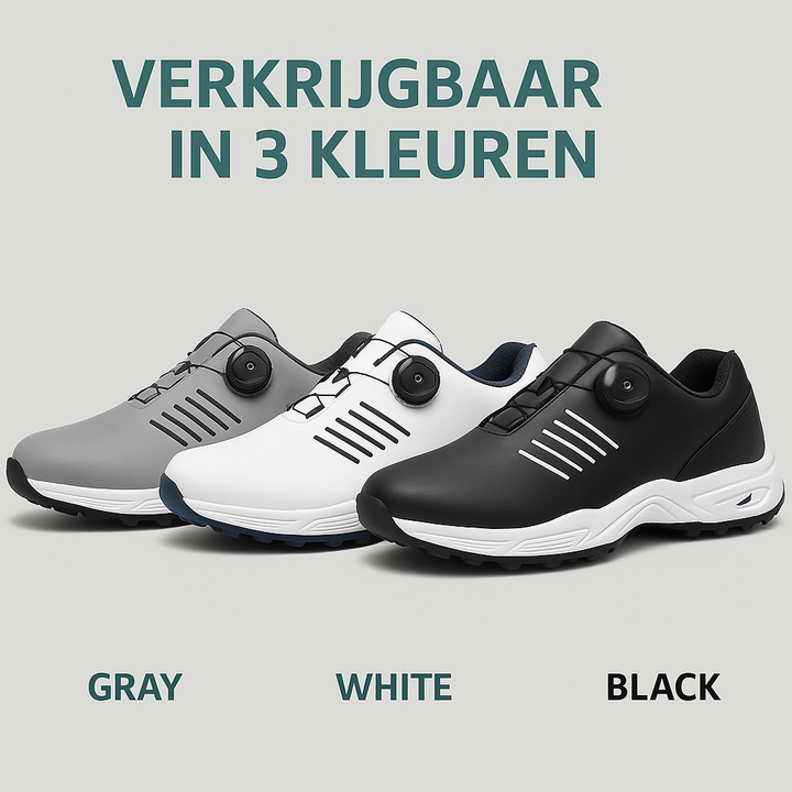 Zwarte heren golfschoenen met innovatieve draaisluiting en stevige gripzool.