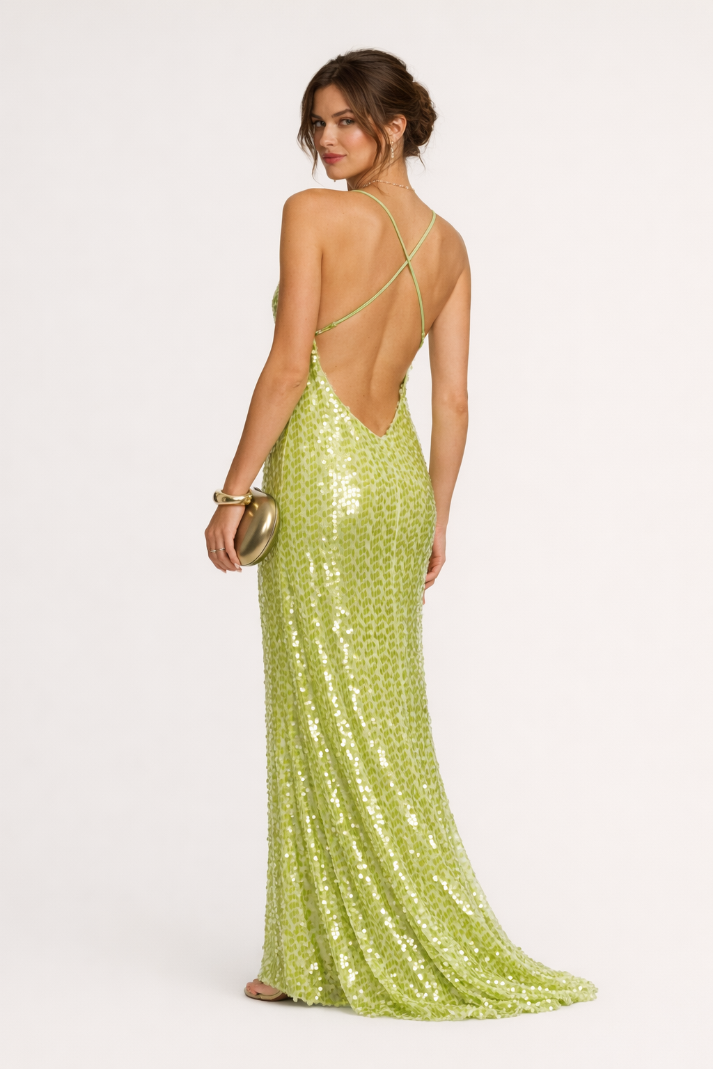 Sprankelende groene maxi-jurk voor dames met fijne pailletten, ideaal als feest- of galajurk.
