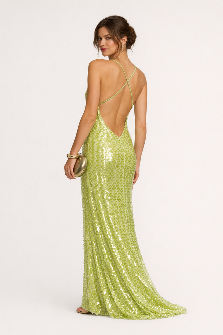 Sprankelende groene maxi-jurk voor dames met fijne pailletten, ideaal als feest- of galajurk.