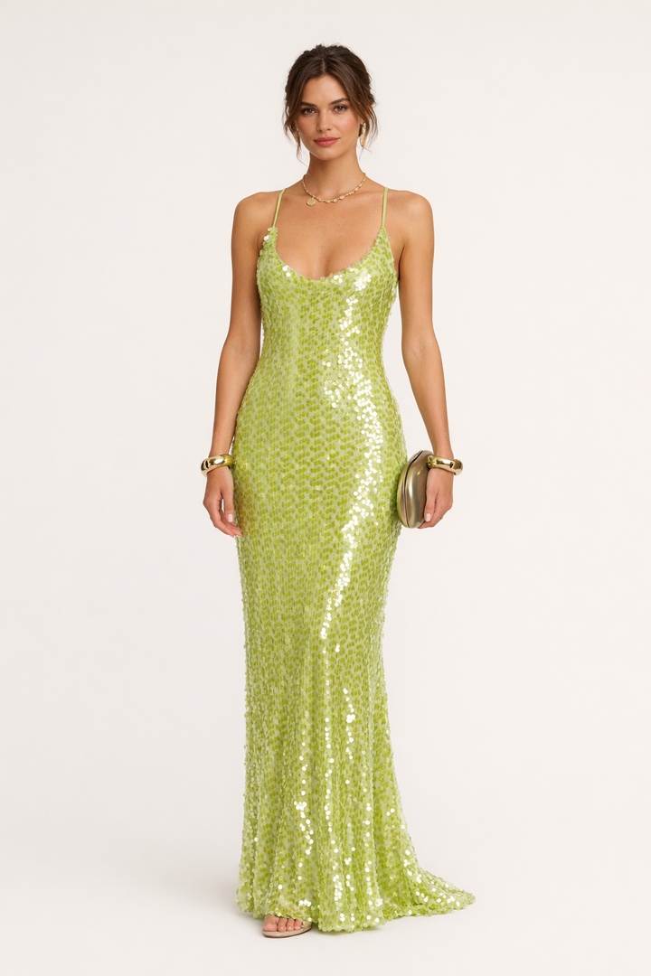 Groene elegante dames maxi-jurk met pailletten, perfect voor een avond of gala.