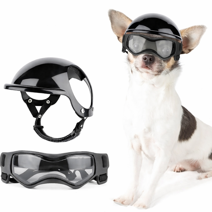 Complete RiderPaw set: rode hondenhelm en bril voor optimale bescherming en stijl tijdens motorritten met je hond.