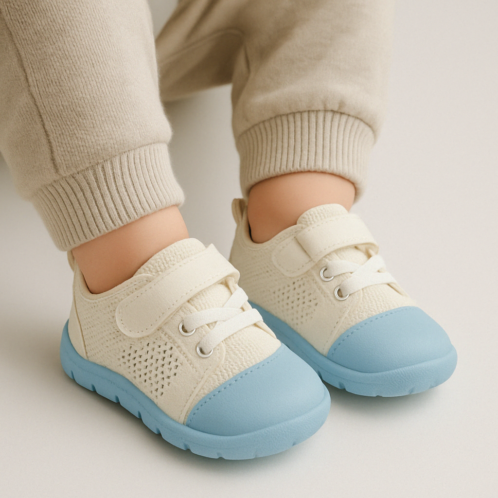 Blauwe barefoot babyschoenen met flexibele zool voor comfortabele eerste stapjes en beweegvrijheid.