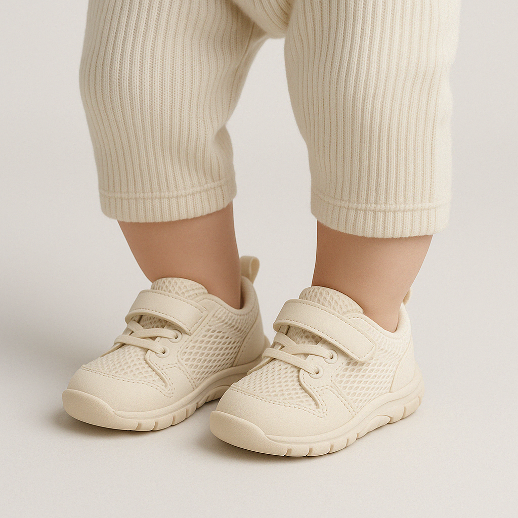 Zachte beige babyschoenen, ideaal voor eerste stapjes, met flexibele barefoot zool en antislip.
