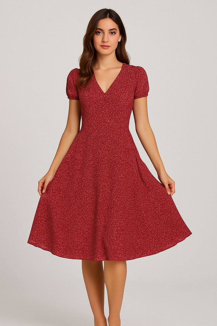 Rode dames jurk met V-hals en bloemenprint, perfect voor zomerse dagen. Elegante en comfortabele A-lijn.