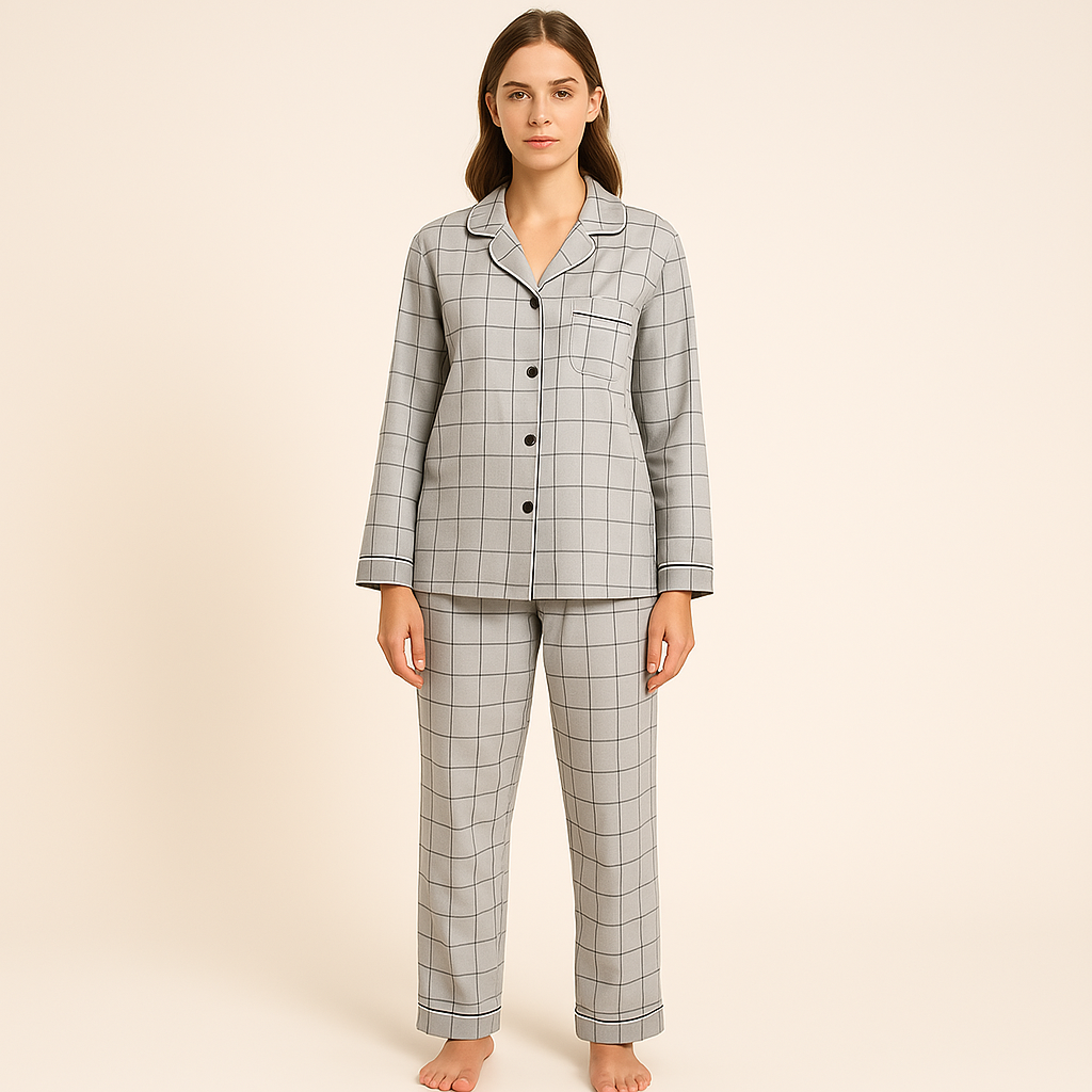 Close-up van het knoopsluiting overhemd van de heren pyjamaset, detail van kraag en stof.