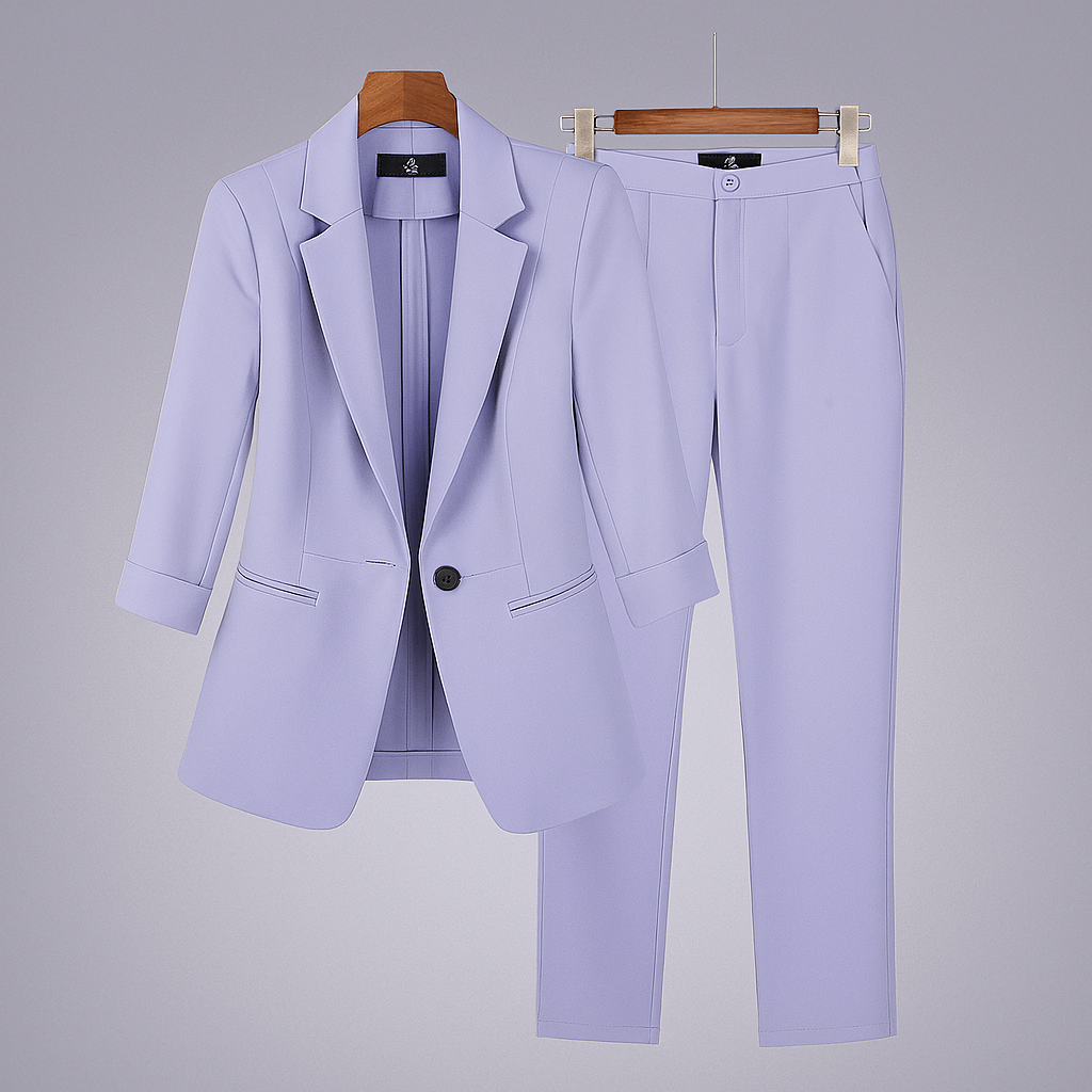 Elegant dames pakset met blazer en broek, ideaal voor formele gelegenheden. Stijlvol en professioneel tweedelig pak.