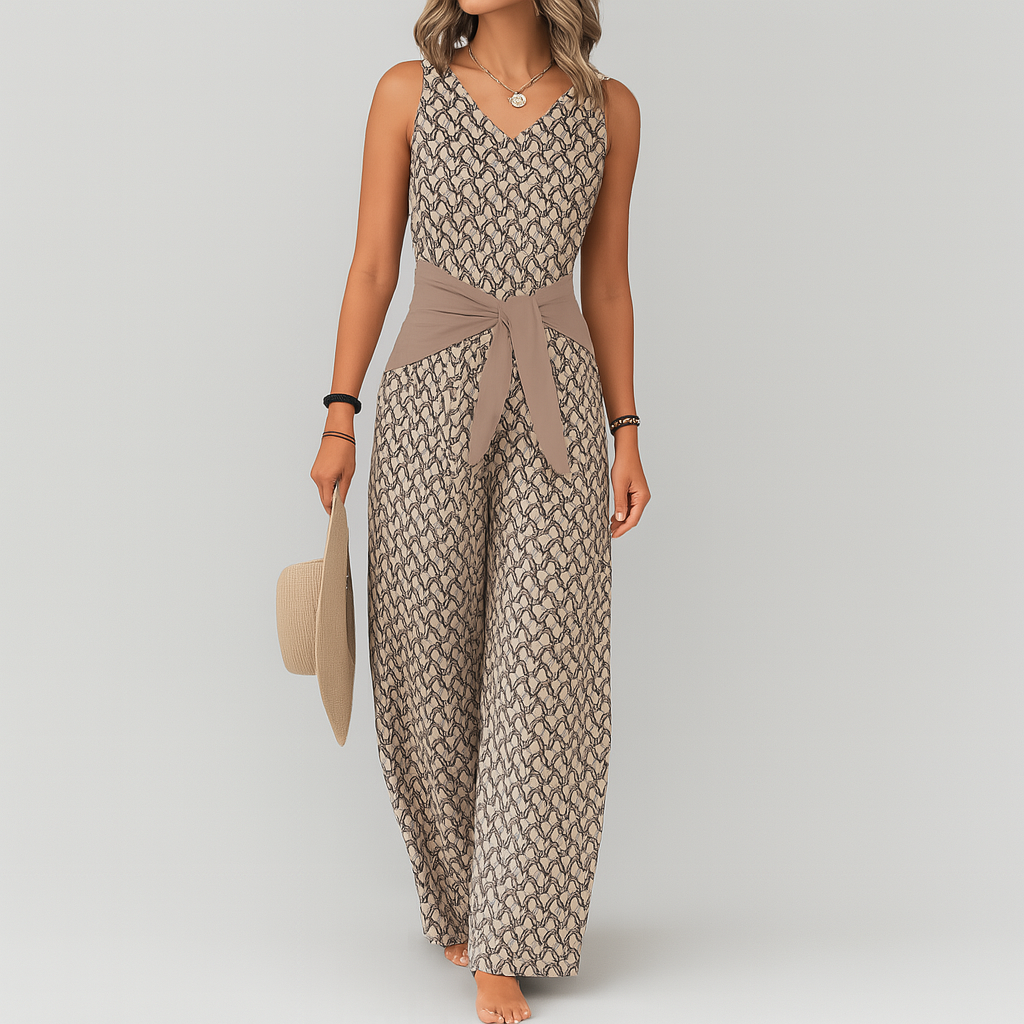 Elegante bruine mouwloze dames jumpsuit, comfortabel en veelzijdig voor lente en zomerse dagen.
