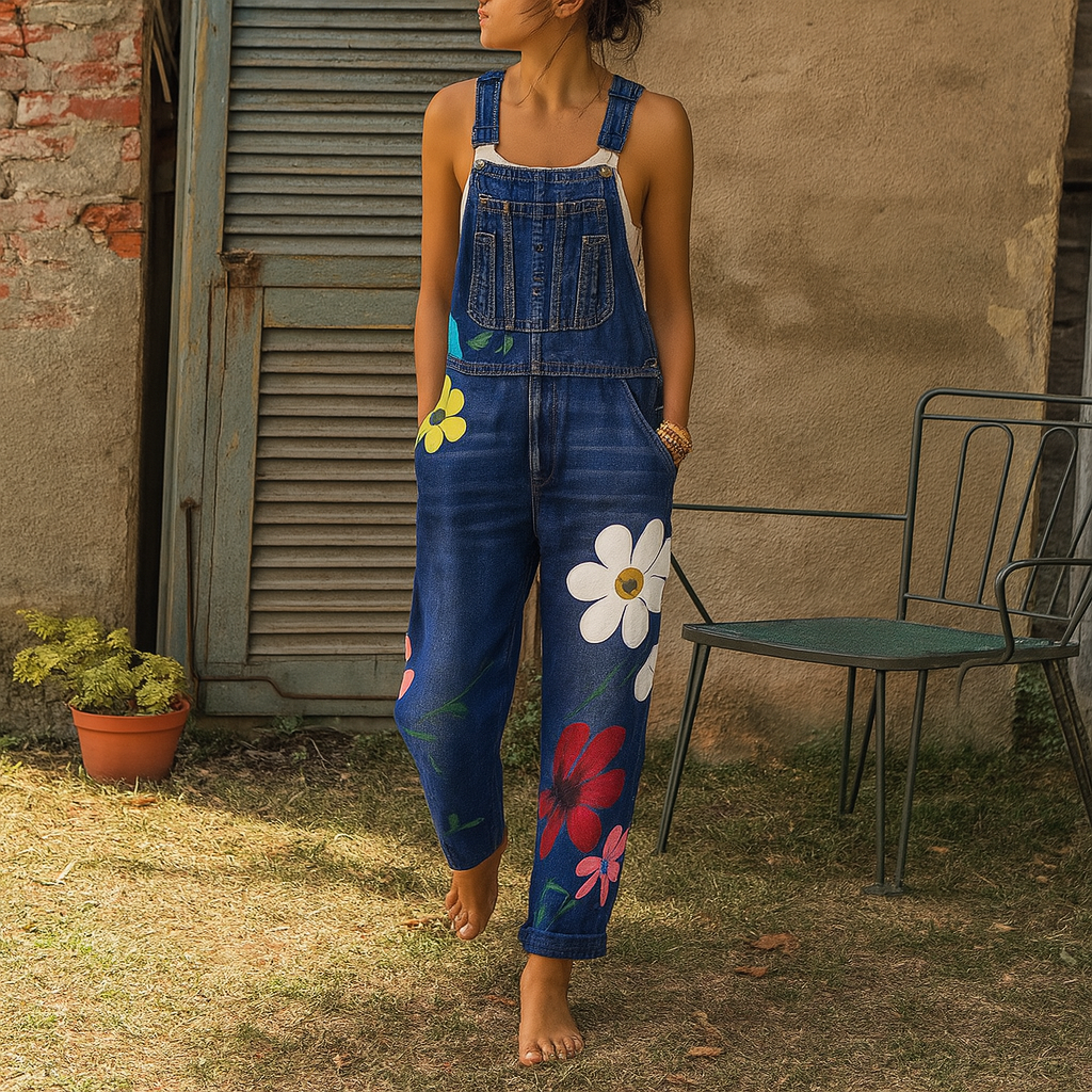 Stijlvolle blauwe dames denim jumpsuit met kleurrijk bloemenpatroon, ideaal voor casual zomer- en lentemode.