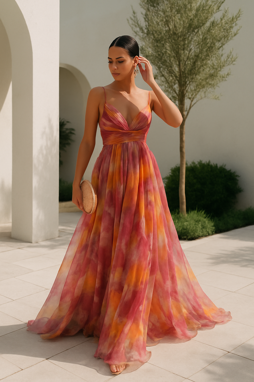 Dames maxi jurk multicolor met elegante V-hals, perfect voor zomerse avonden en comfortabel.