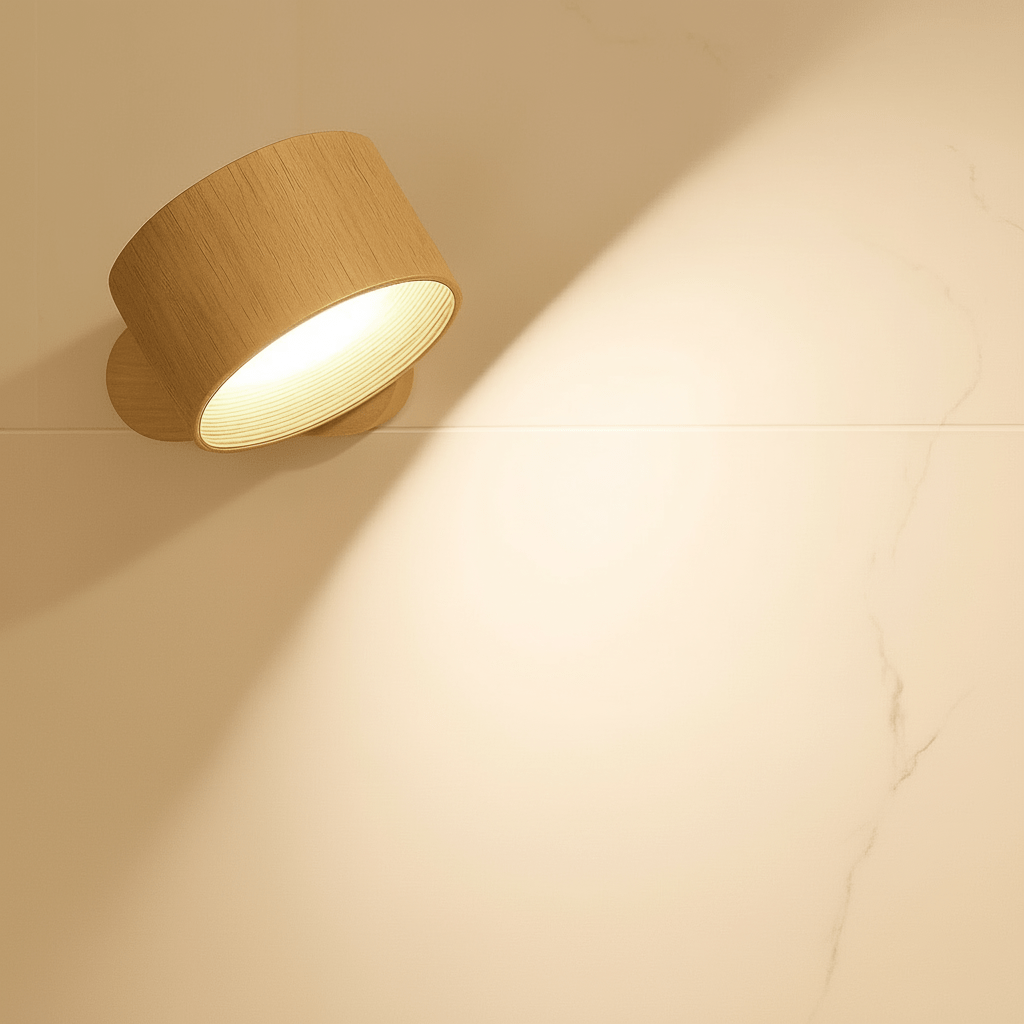 Sfeervolle draadloze Scandinavische wandlamp, verlicht moderne woonkamer met warm LED licht.