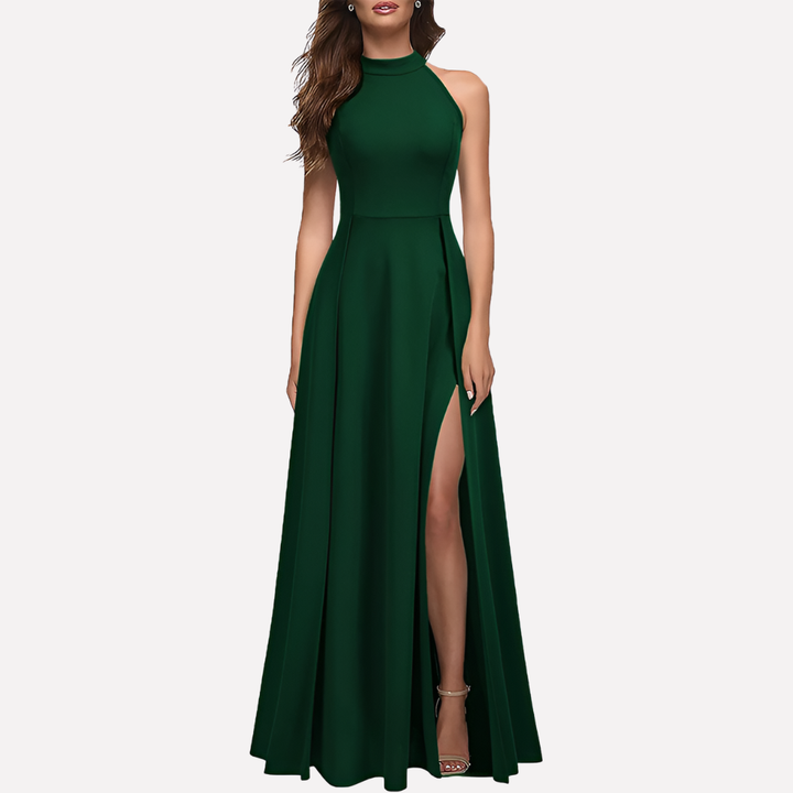 Flatterende lange halterjurk voor dames, ideale bruidsmeisjesjurk of avondjurk met elegante pasvorm.