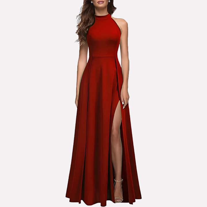 Chique bruidsmeisjesjurk met halterhals, een formele damesjurk voor een elegante bruiloft of avondfeest.