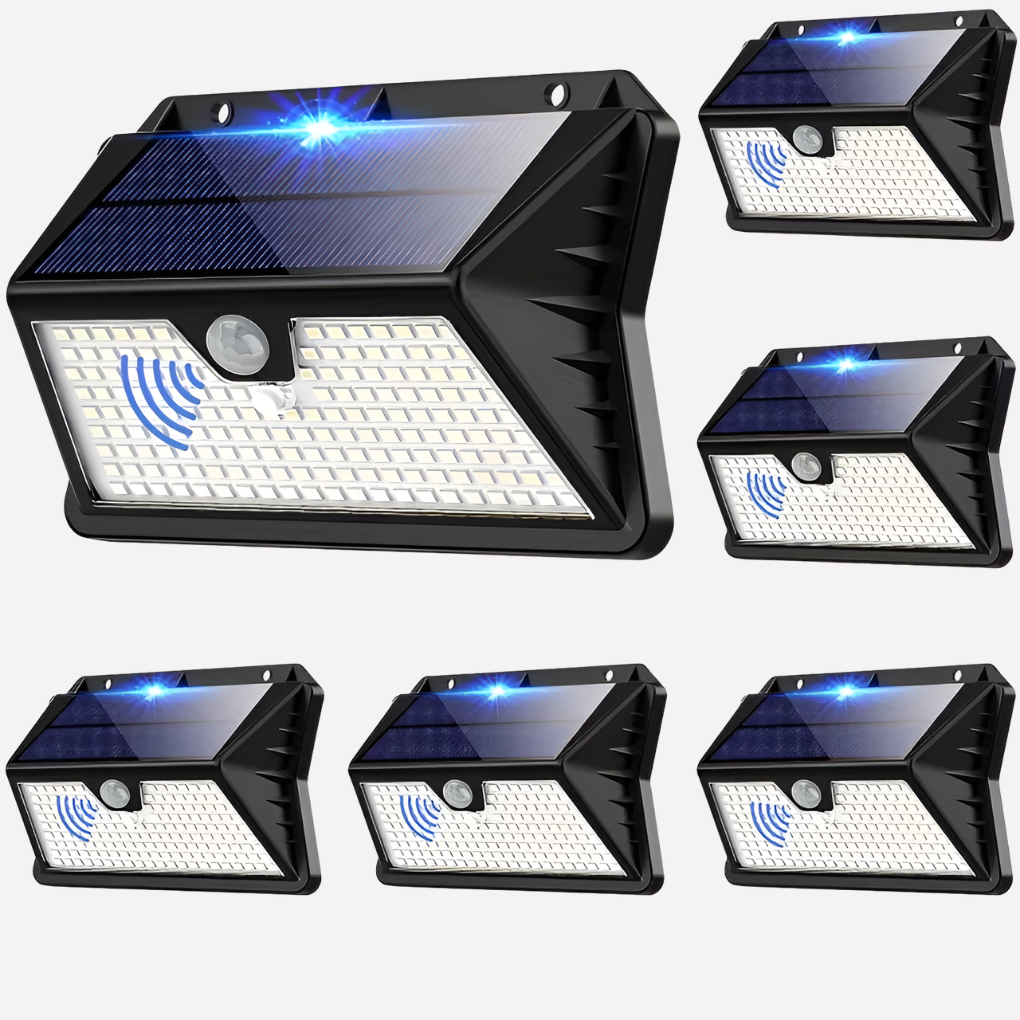 Zonne-energie buitenlamp met bewegingssensor voor tuin. Energiezuinige LED tuinverlichting, waterdicht en draadloos.