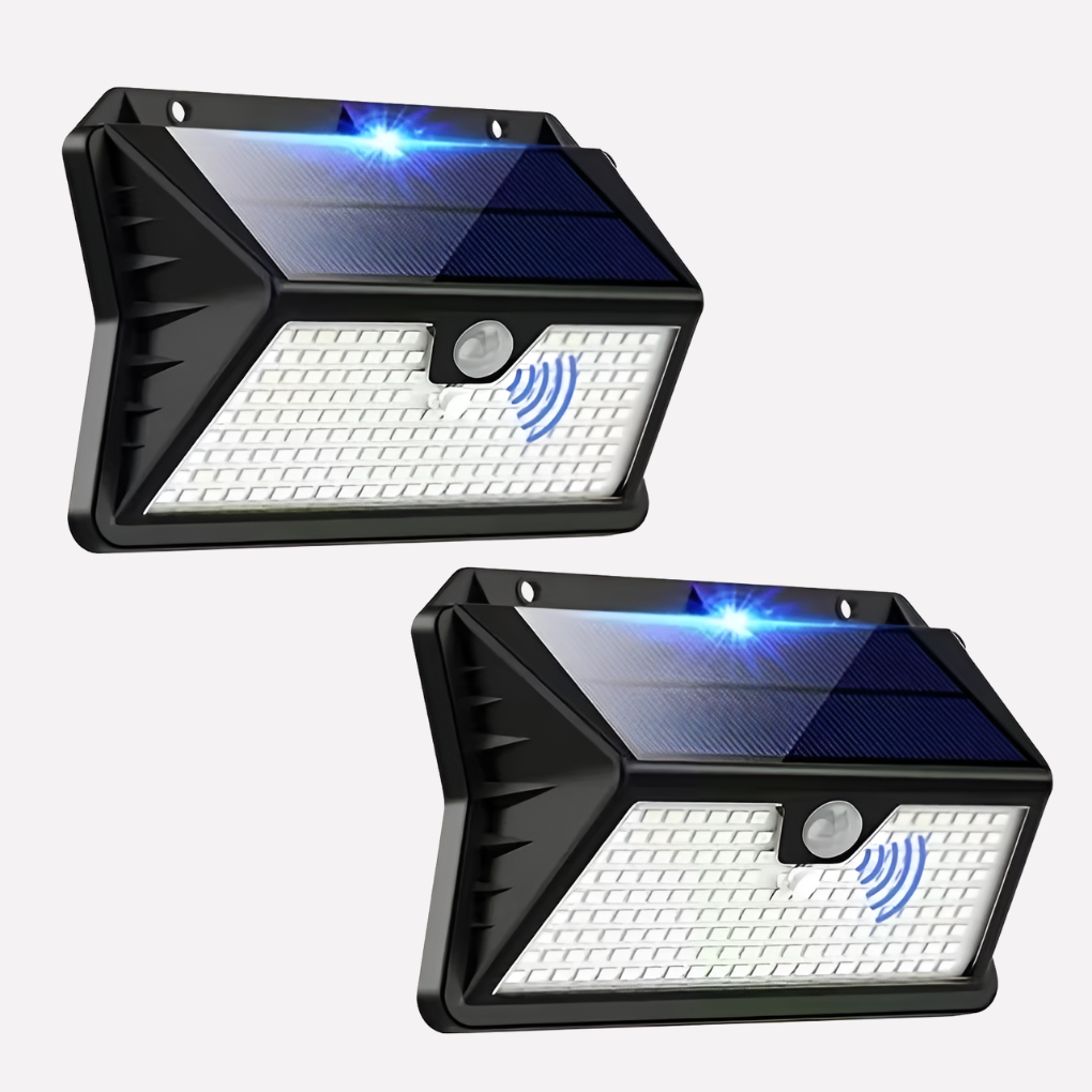 Stijlvolle zonne-energie buitenlamp, draadloos te monteren. Waterdichte LED verlichting met bewegingssensor voor tuin.