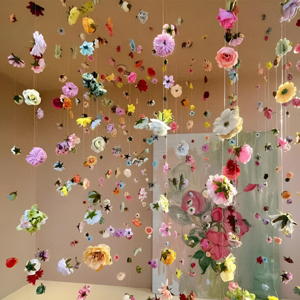 Decoratieve kunstbloemenslinger voor interieur, verjaardag of evenementen. Sfeervolle boheemse bloemdecoratie.