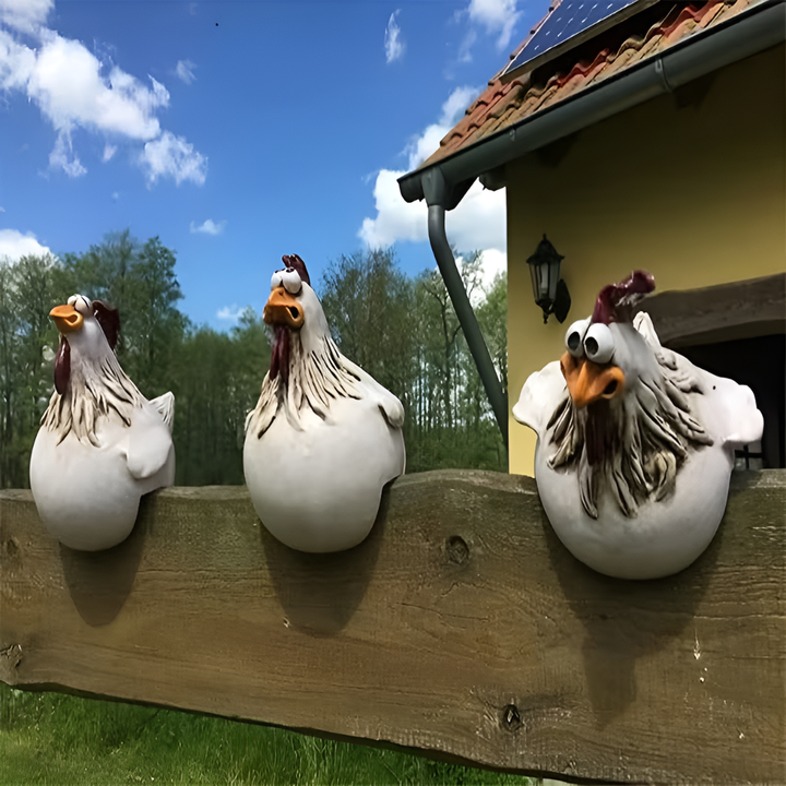 Vrolijke haan tuinhek versiering set van 3 stuks, speelse buitendecoratie van hars voor tuinen.