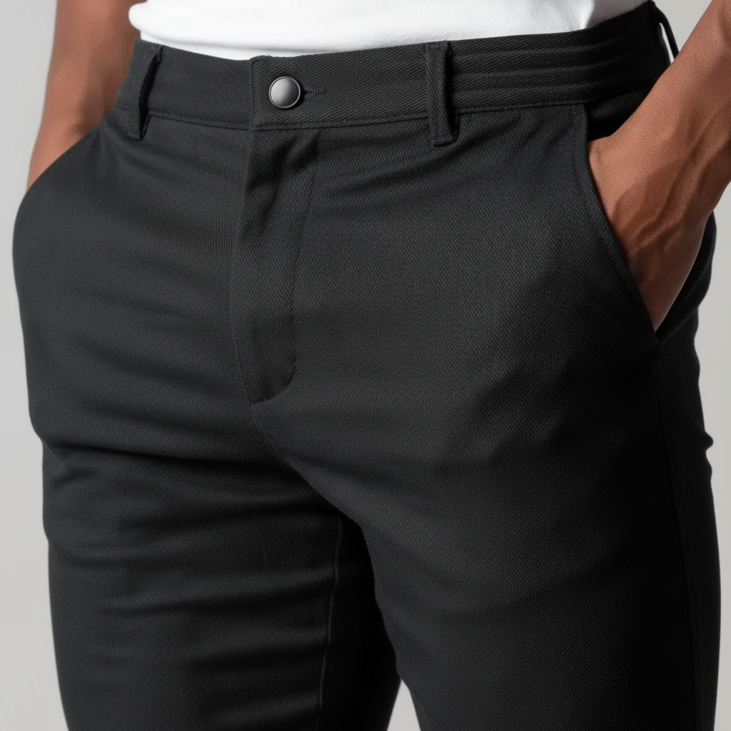 Man draagt stijlvolle Mika heren chino broek met rechte pasvorm, ideaal voor zowel werk als vrije tijd.