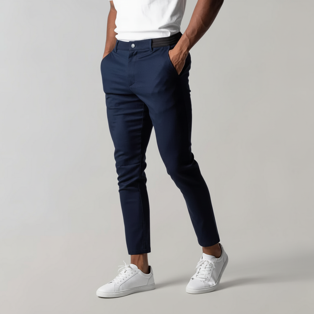 Achterkant van de Mika heren chino broek met praktische zakken, veelzijdig en stijlvol voor elke man.