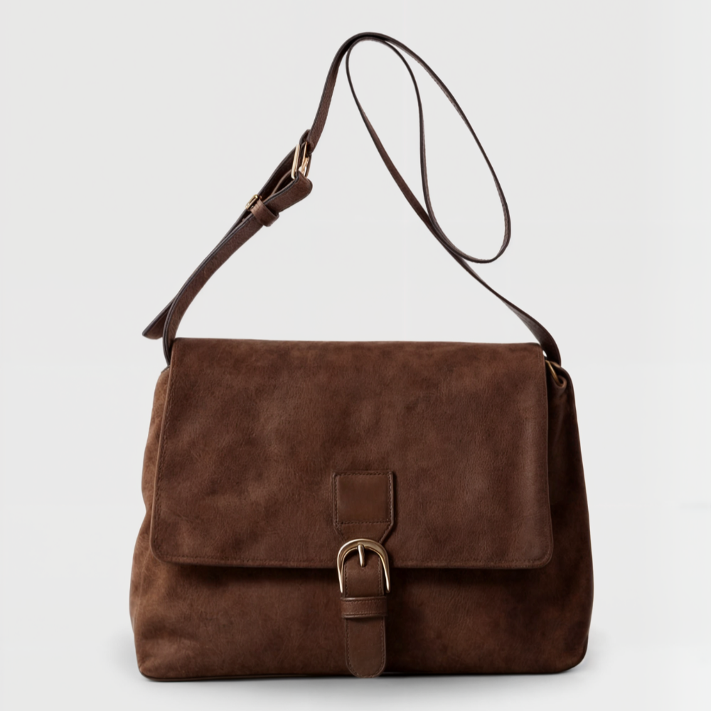 Bruine retro suède dames schoudertas met gesp, elegant en vintage crossbody accessoire