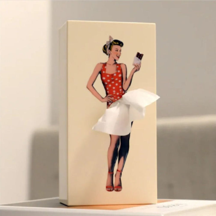 Creatieve tissuebox in vliegende rok vorm; handige decoratie voor woonkamer, kantoor of badkamer interieur.