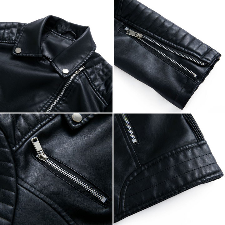 Klassieke leren dames jack; tijdloos design met gedetailleerde afwerking. Comfortabele en trendy vrouwenmode.