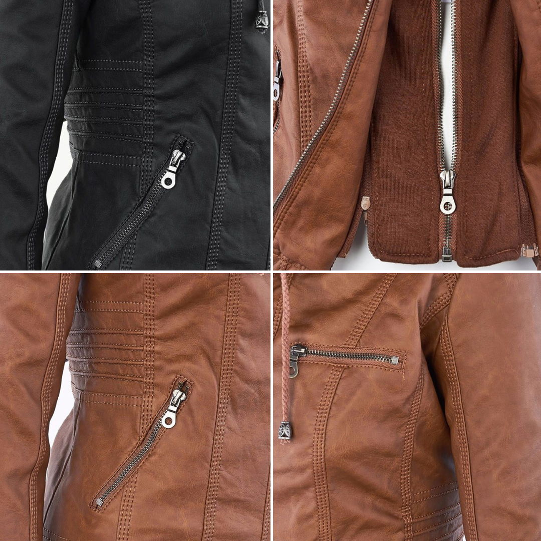 Stijlvolle dames vegan leren jas, combineert warmte met een trendy design.