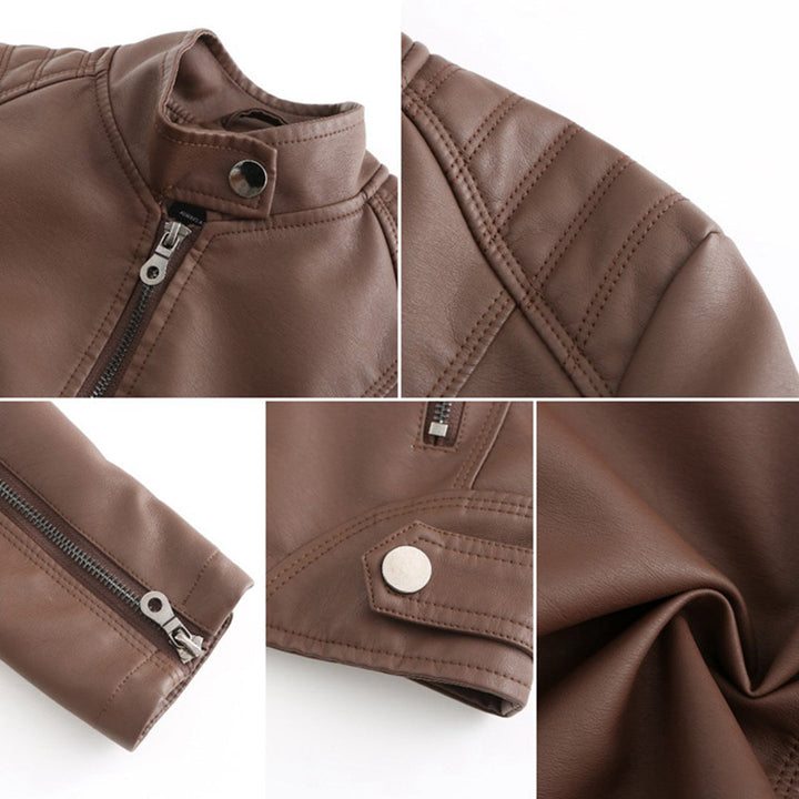Stoer dames bikerjack van leer met asymmetrische rits, een tijdloos mode-item voor lente en herfst.
