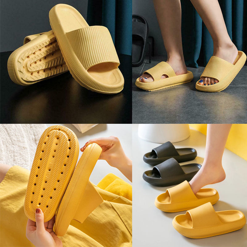 Unisex wolk slippers op een houten vloer, klaar voor ontspanning thuis, zacht en comfortabel.