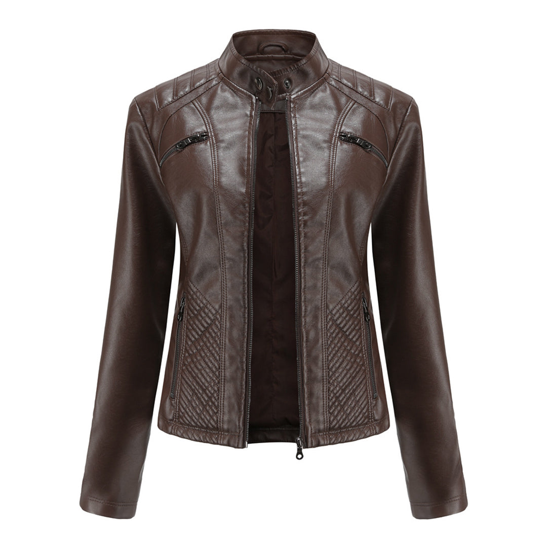 Donkerbruin Nova damesjack van vegan leer; stoere, tijdloze stijl, geschikt voor elke outfit.