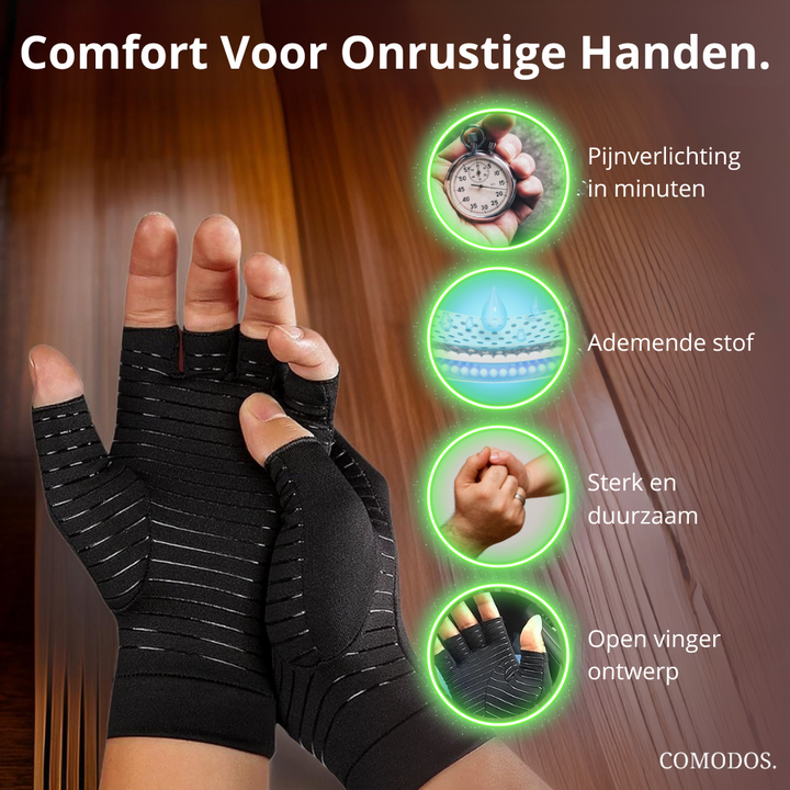 Therapeutische compressiehandschoenen voor effectieve pijnverlichting bij artritis, carpaal tunnel en chronische handpijn.