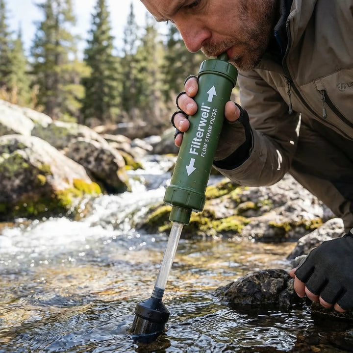 Compact draagbaar waterfilter voor veilig drinkwater tijdens wandelen, kamperen, backpacken en survival. Essentieel outdoor filter.